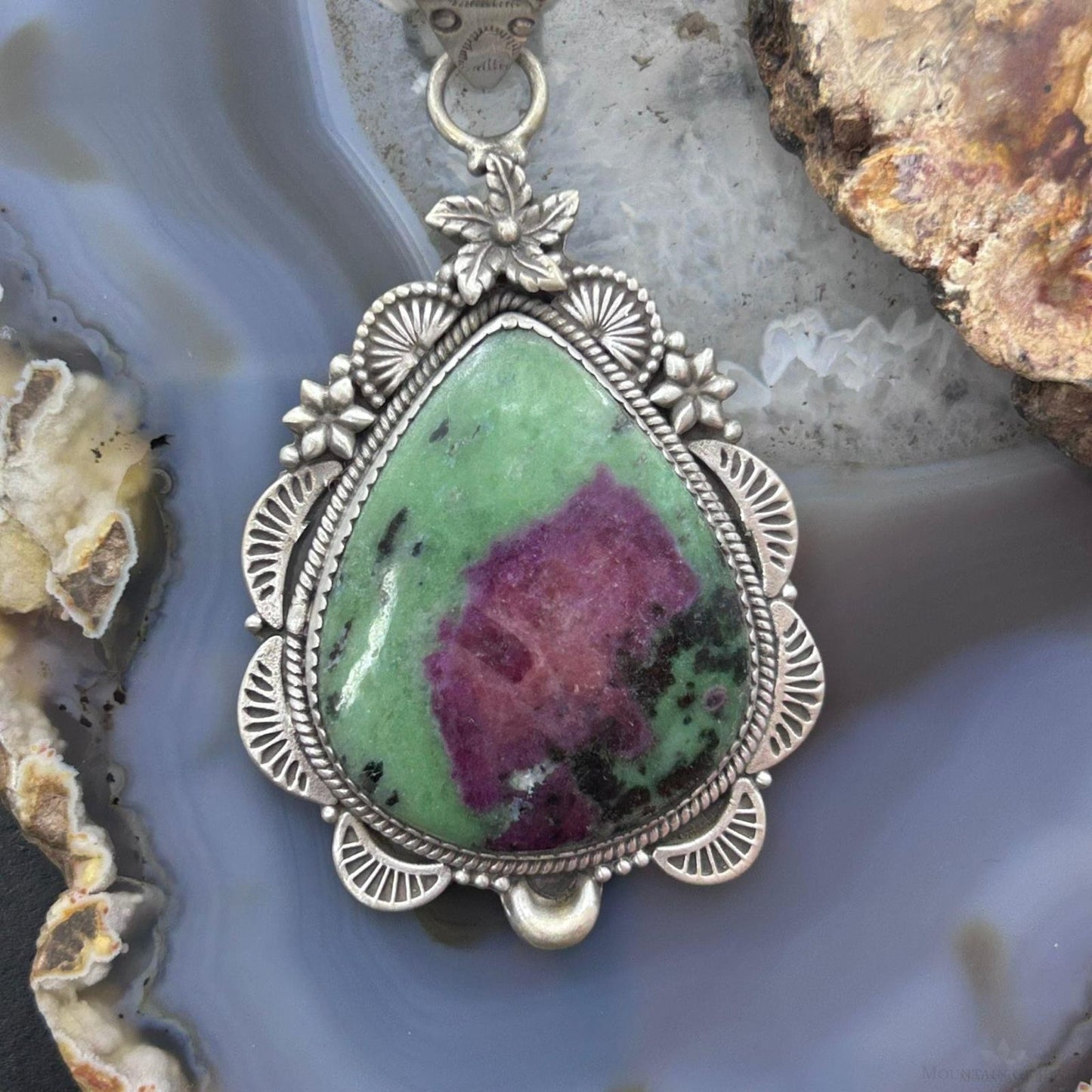 Sterling Silver Southwestern Style Teardrop Ruby Zoisite Pendant For Women
