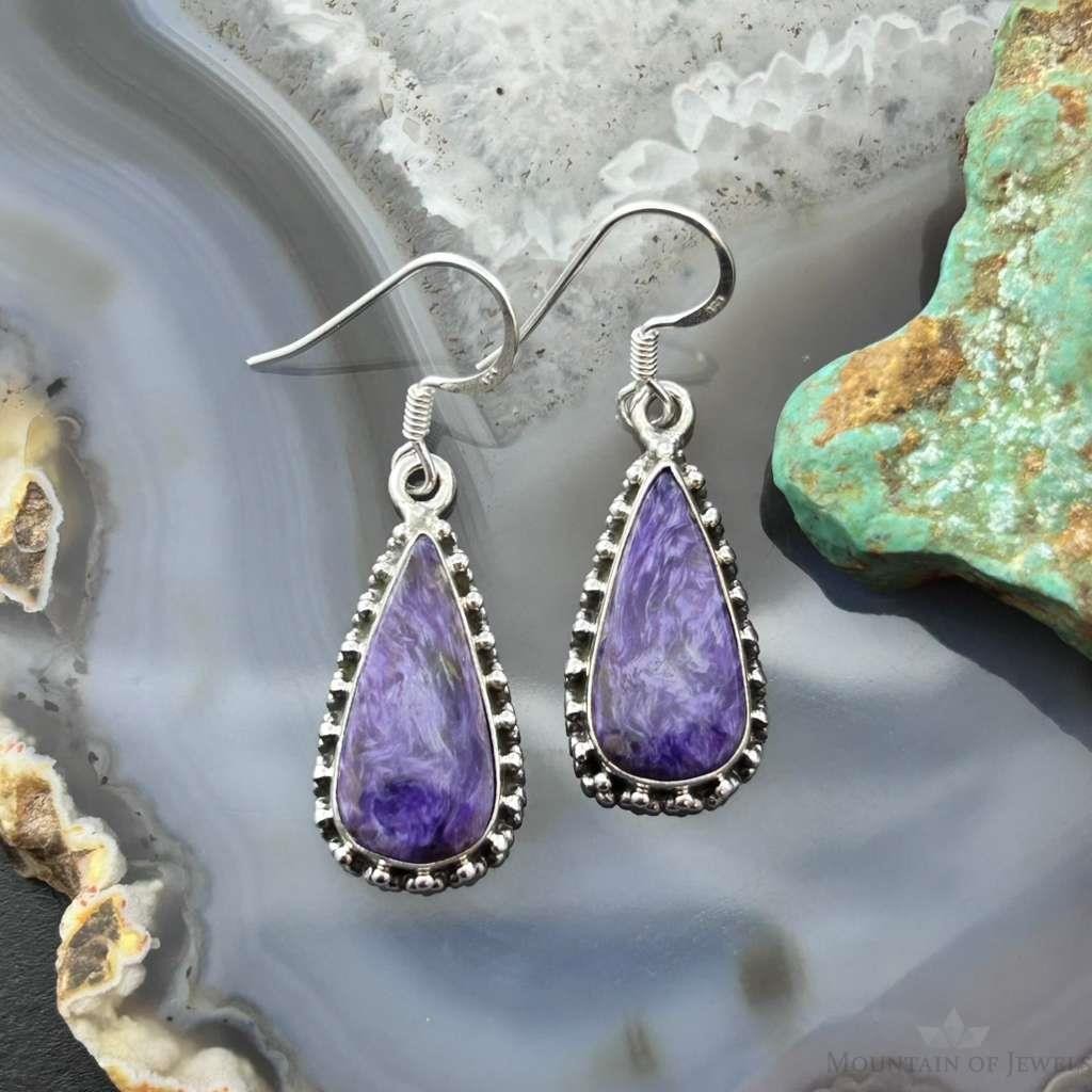 Sterling Silver Southwestern Style Teardrop Charoite Dangle Earrings For Women