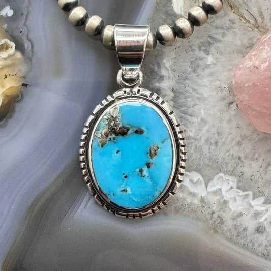 Native American Sterling Silver Oval Kingman Turquoise Decorated Unisex Pendant