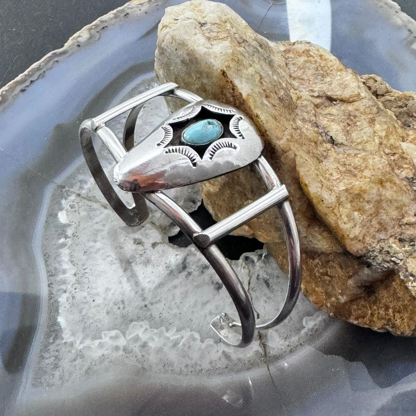 Vintage Native American Silver Oval Turquoise Shadow Box Split Shank Bracelet For Women