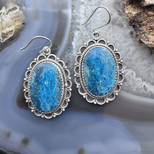 Sterling Silver Southwestern Style Oval Shattuckite Dangle Earrings For Women #2