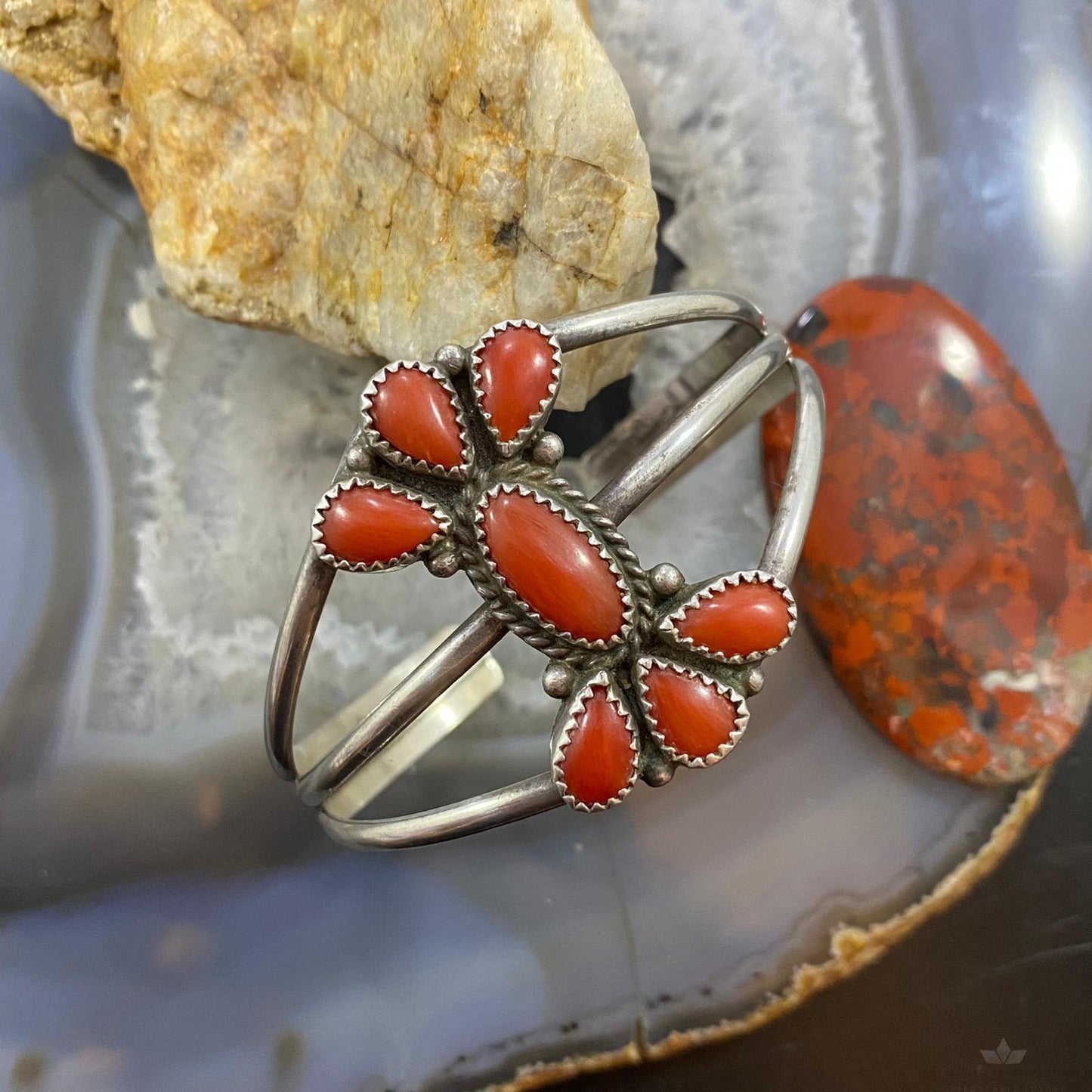 T. Yazzie Native American Sterling Coral Flower Split Shank Bracelet For Women