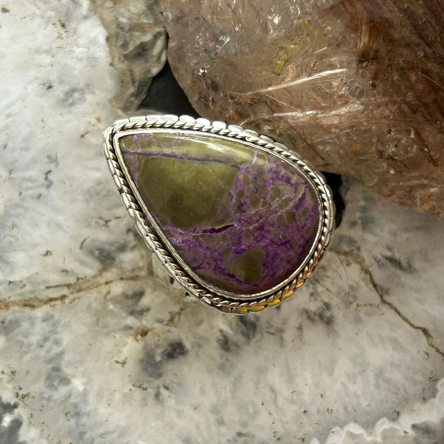 Sterling Silver Southwestern Style Teardrop Stichtite Decorated Ring Size 10.25 For Women