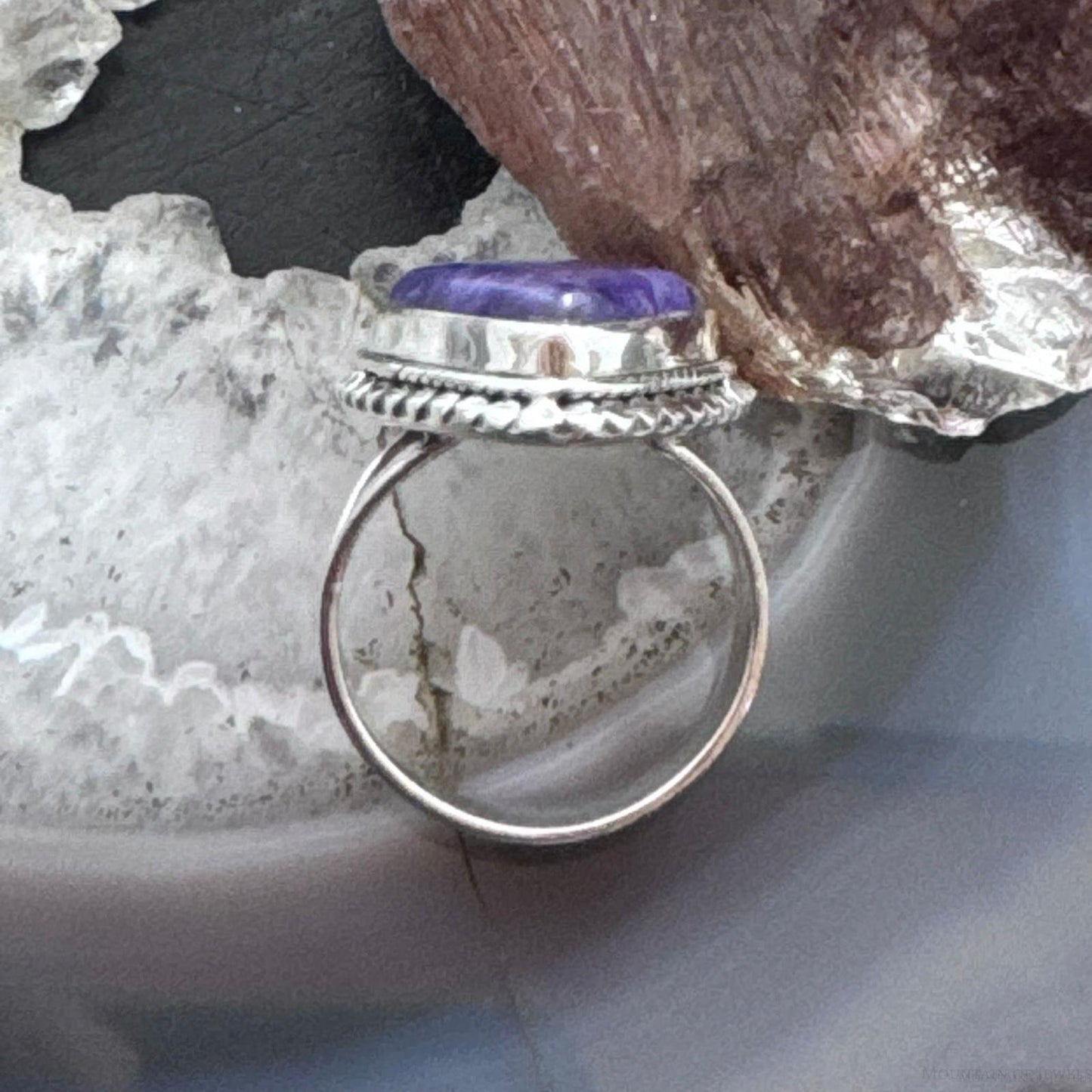 Sterling Silver Southwestern Style Teardrop Charoite Decorated Ring Size 9.5 For Women