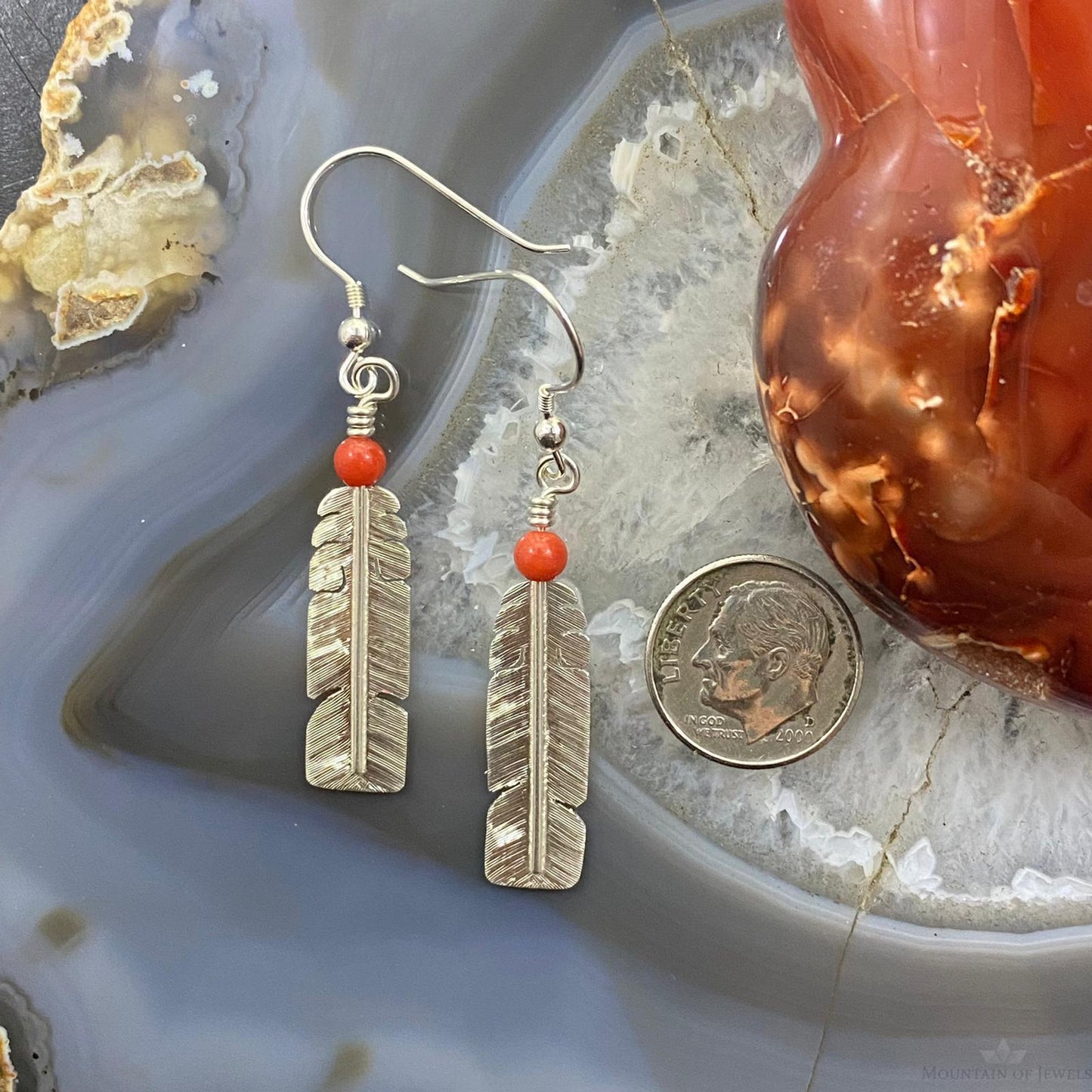 David Kuticka Native American Sterling Silver Feather w/Coral Dangle Earrings #2