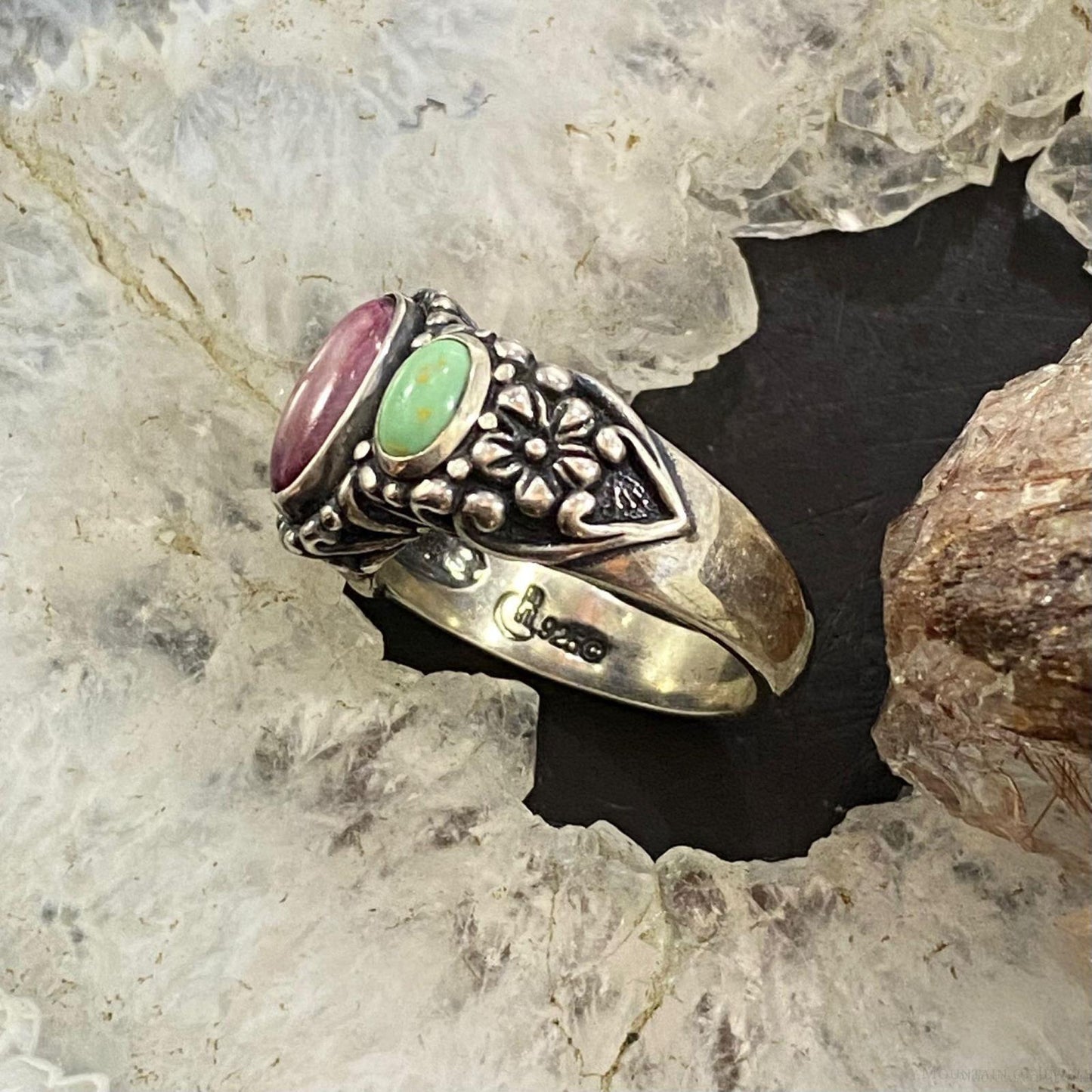 Carolyn Pollack Southwestern Style Sterling Silver Purple Spiny Oyster & Green Turquoise Ring For Women