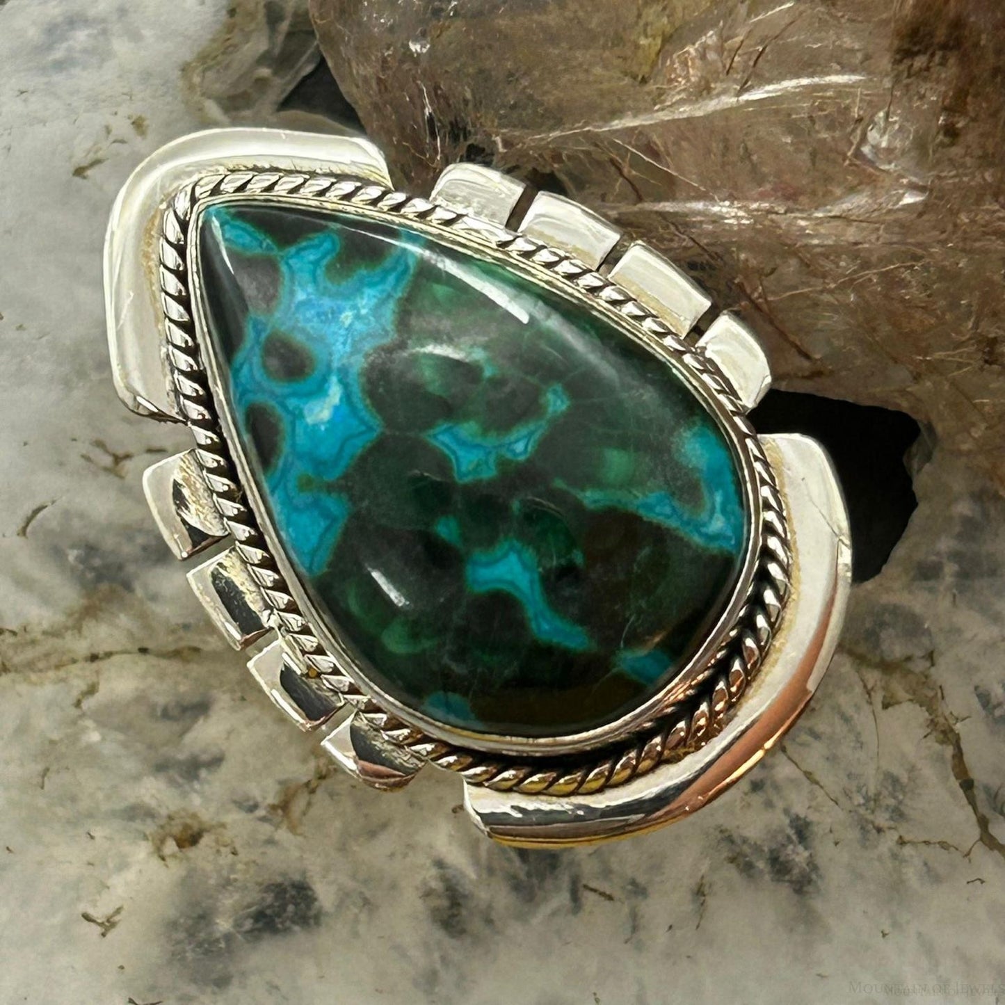 Sterling Silver Southwestern Style Teardrop Malachite Chrysocolla Ring Size 9 For Women