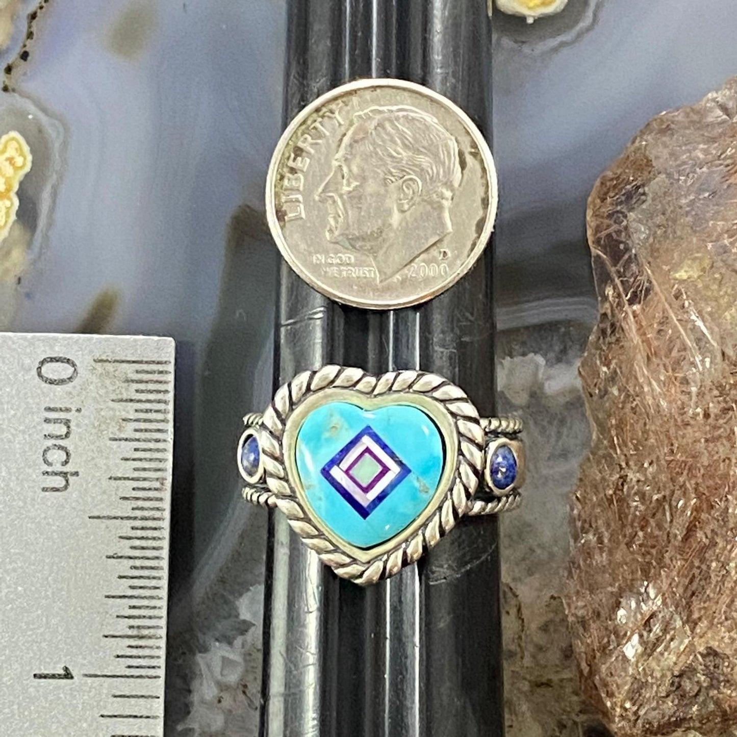 Carolyn Pollack Sterling Silver Turquoise Heart w/Inlay Decorated Ring Size 6, 8
