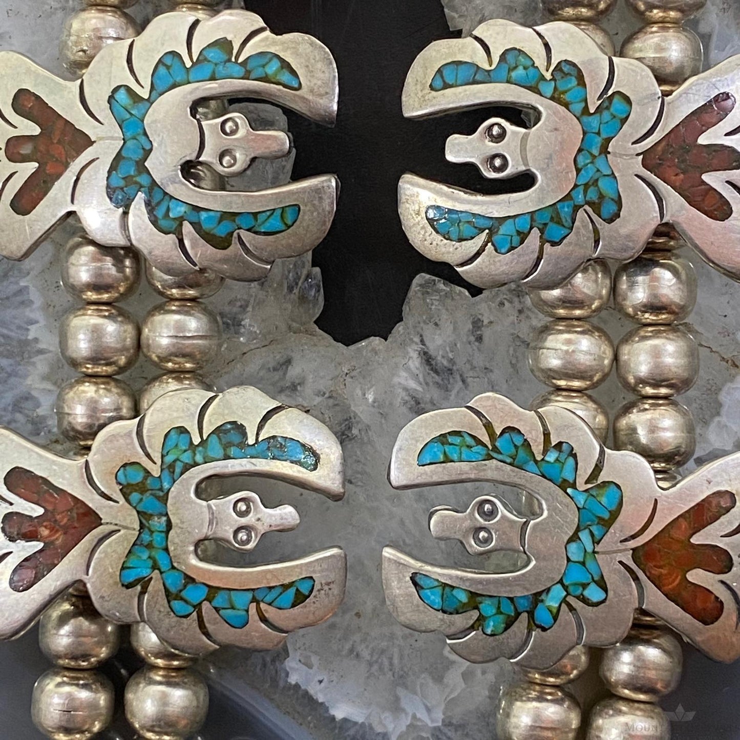 Vintage Native American Silver Chip Inlay Thunderbird Squash Blossom Necklace