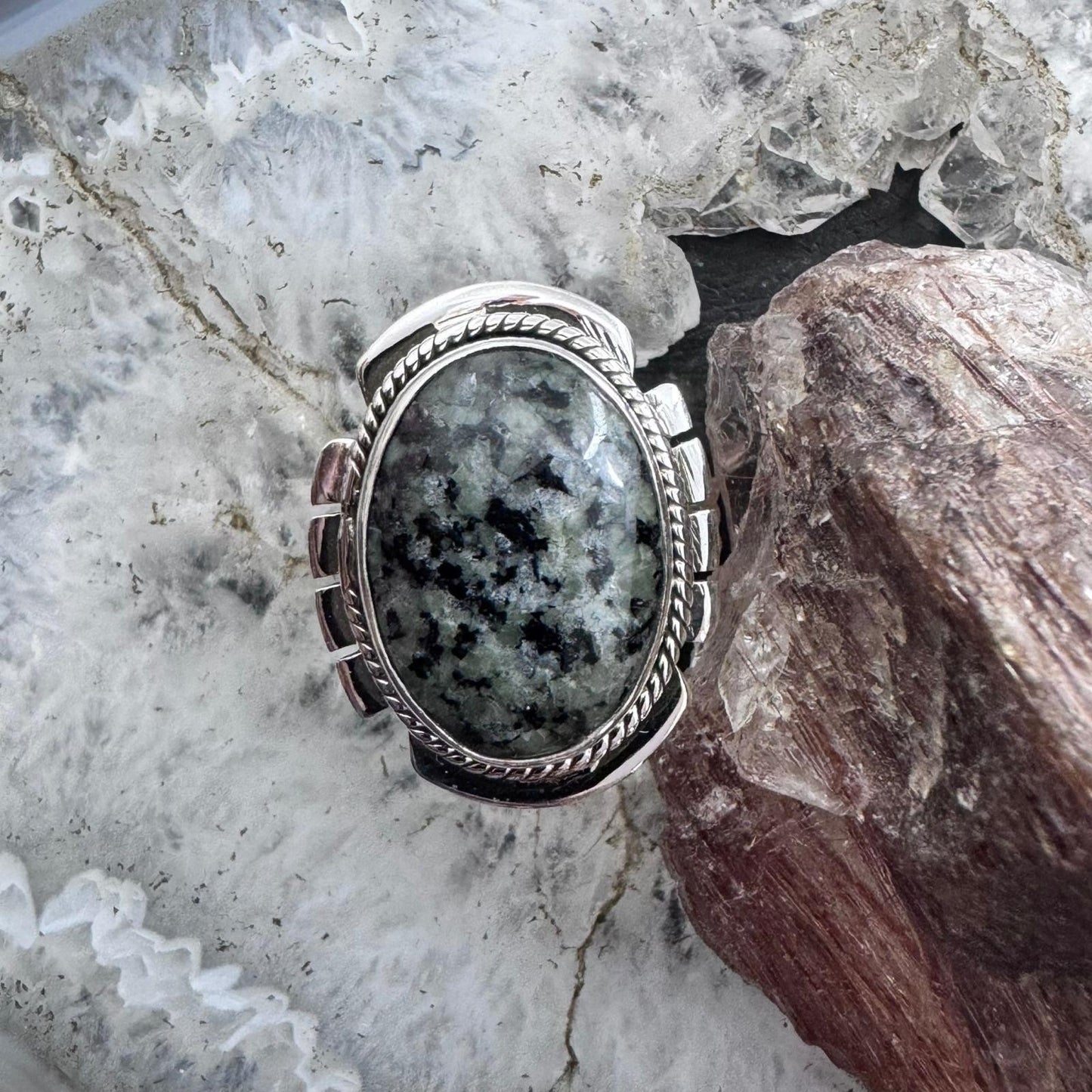 Sterling Silver Southwestern Style Oval Parral Dendritic Decorated Ring Size 8.5 For Women