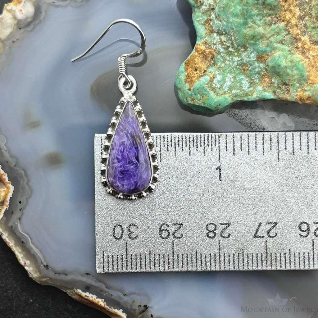 Sterling Silver Southwestern Style Teardrop Charoite Dangle Earrings For Women