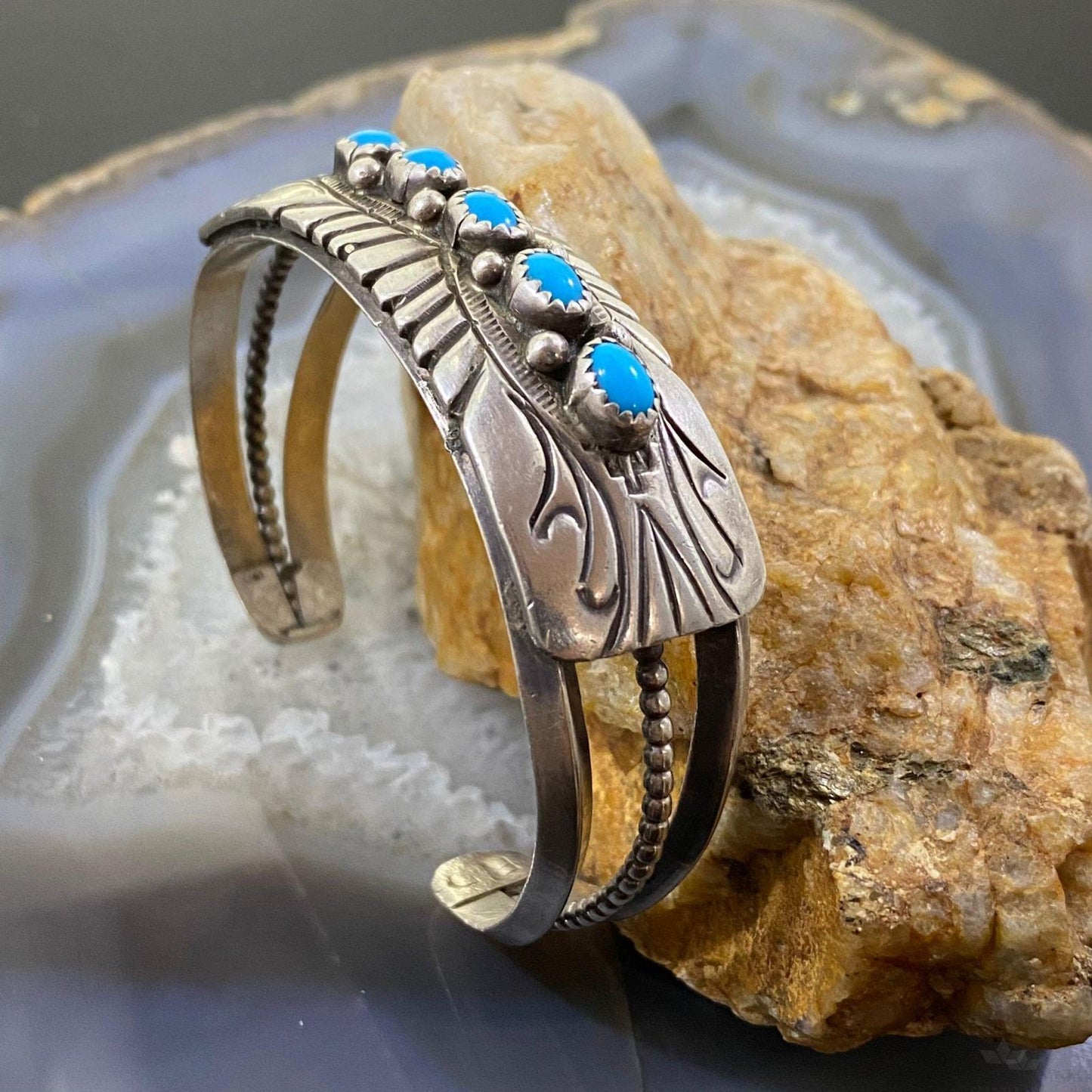 Vintage Native American Silver Turquoise Row Stamped Overlay Cuff For Women