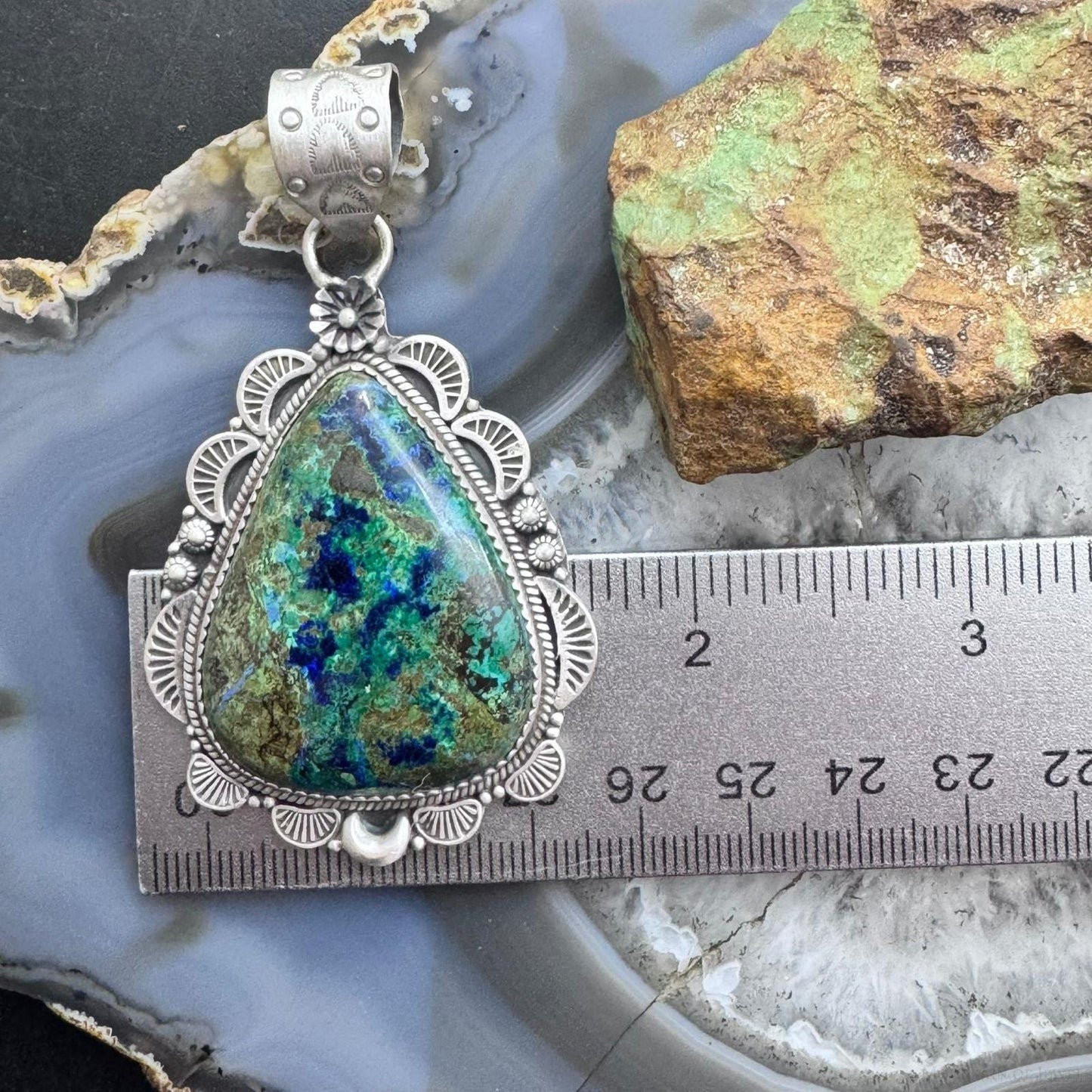 Sterling Silver Southwestern Style Teardrop Chrysocolla Decorated Pendant For Women