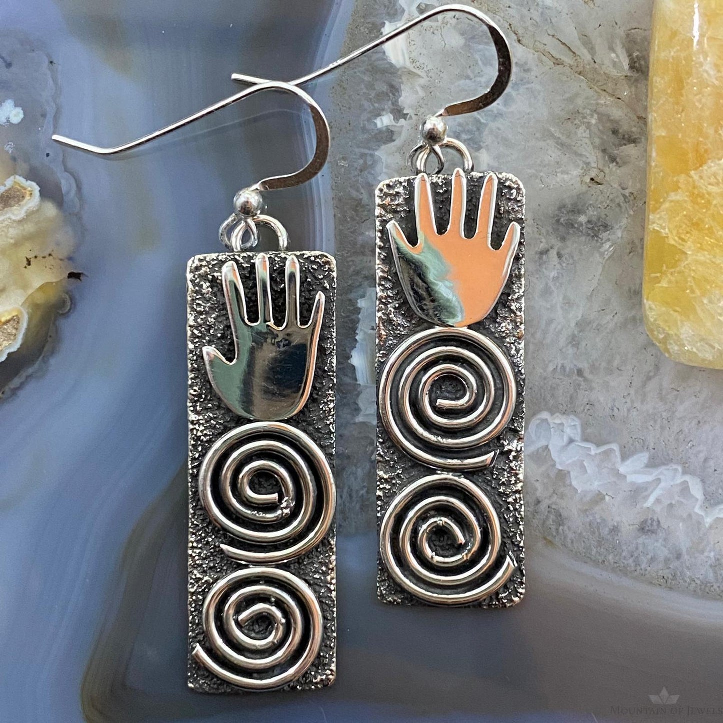 Alex Sanchez Native American Sterling Silver Long Rectangle Petroglyph Dangle Earrings For Women
