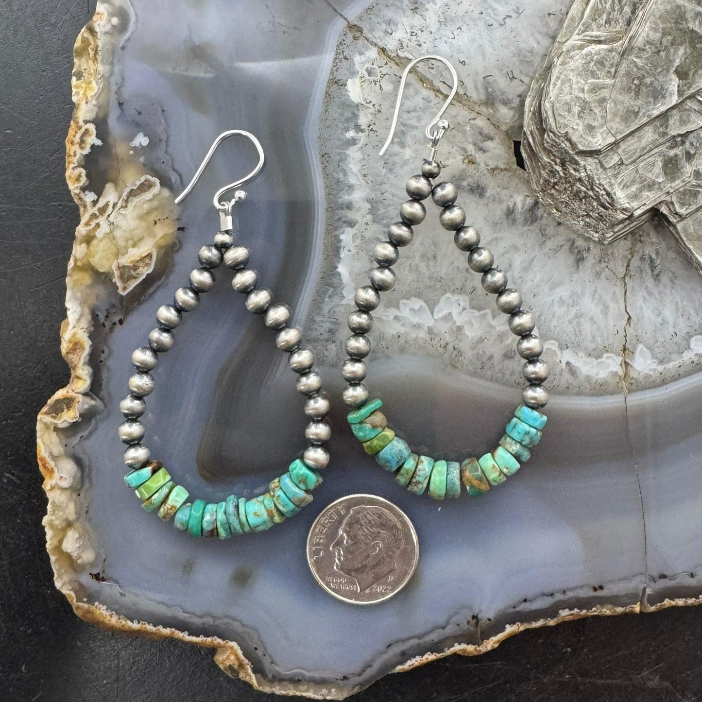 Sterling Silver 4mm Navajo Pearl Southwester Style & 6mm Turquoise Bead Hoop Earrings For Women