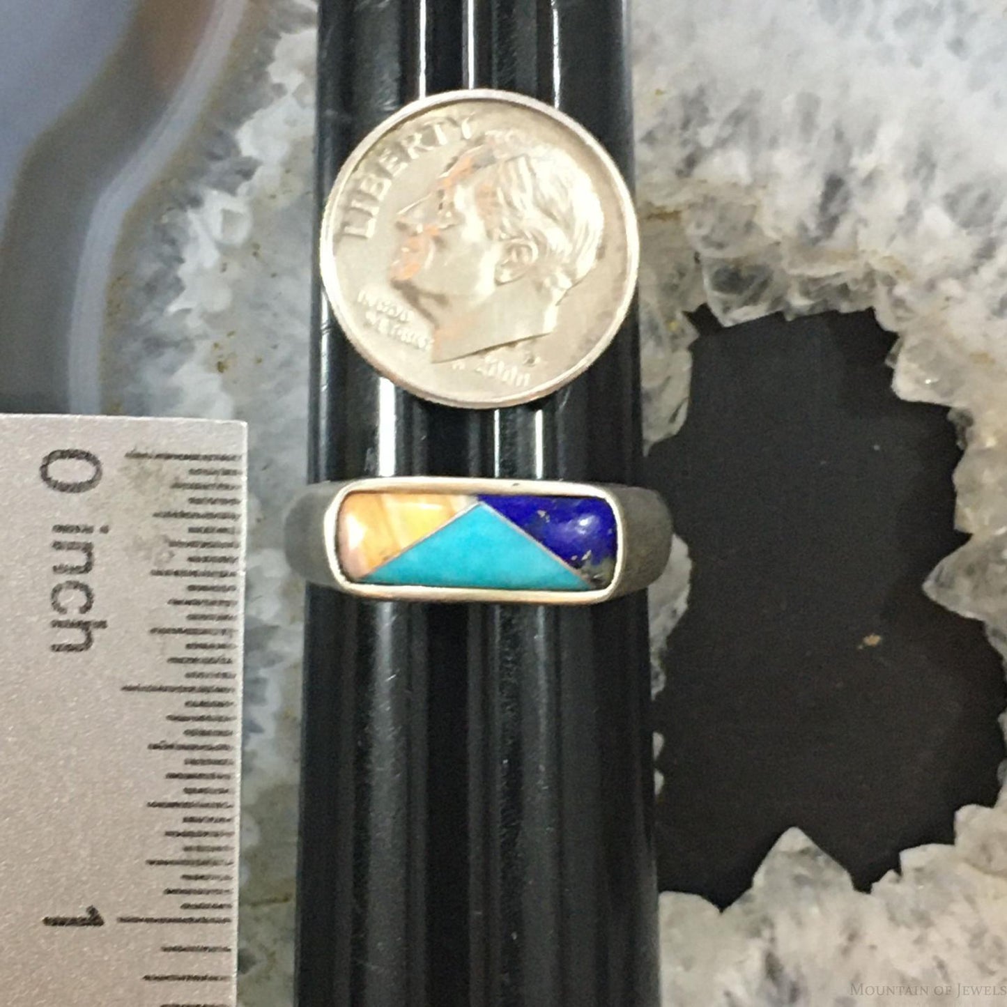 Carolyn Pollack Southwestern Style Sterling Silver Rectangle Multi-gemstone Inlay Ring For Women