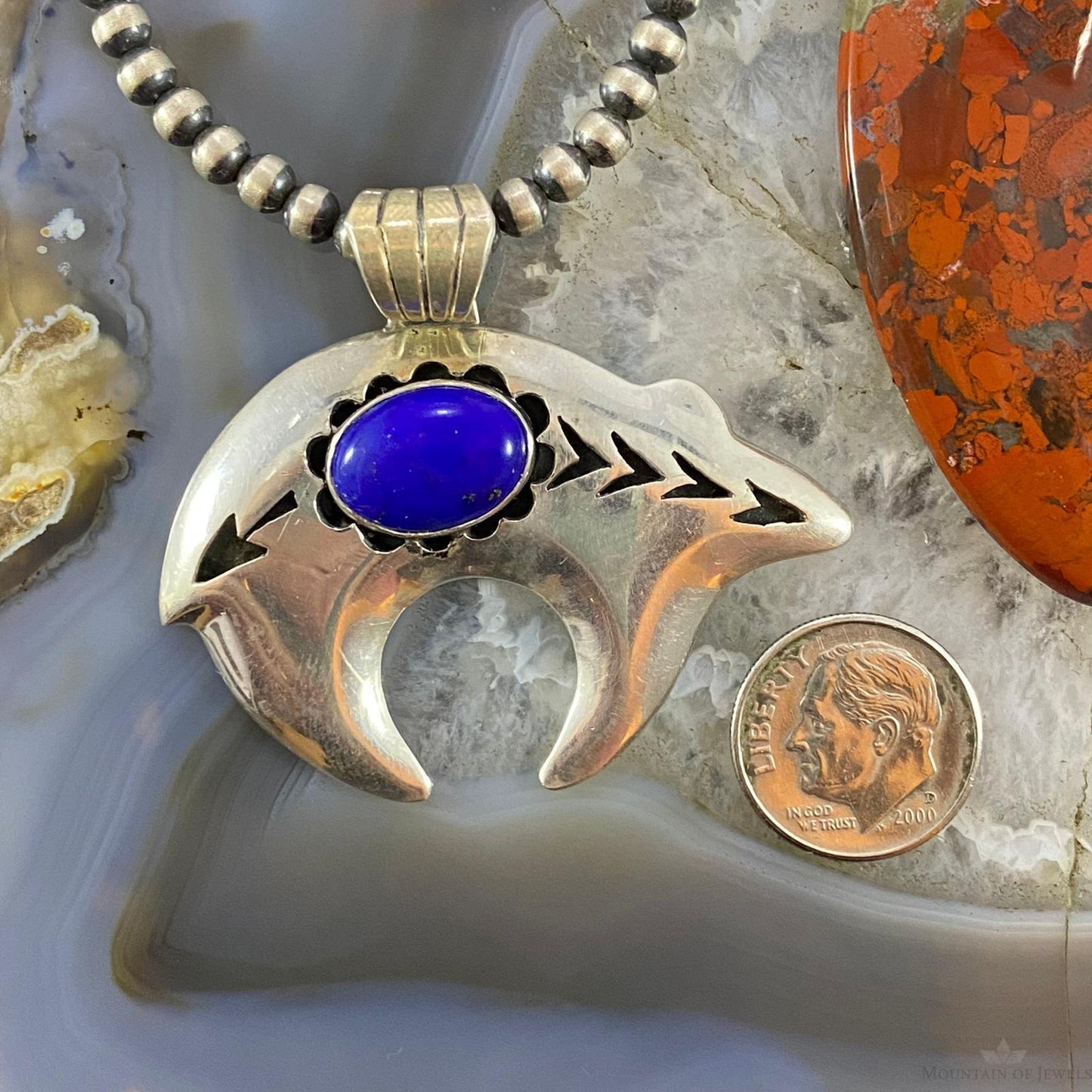 Native American Sterling Silver Fetish Bear with Oval Lapis Pendant For Women