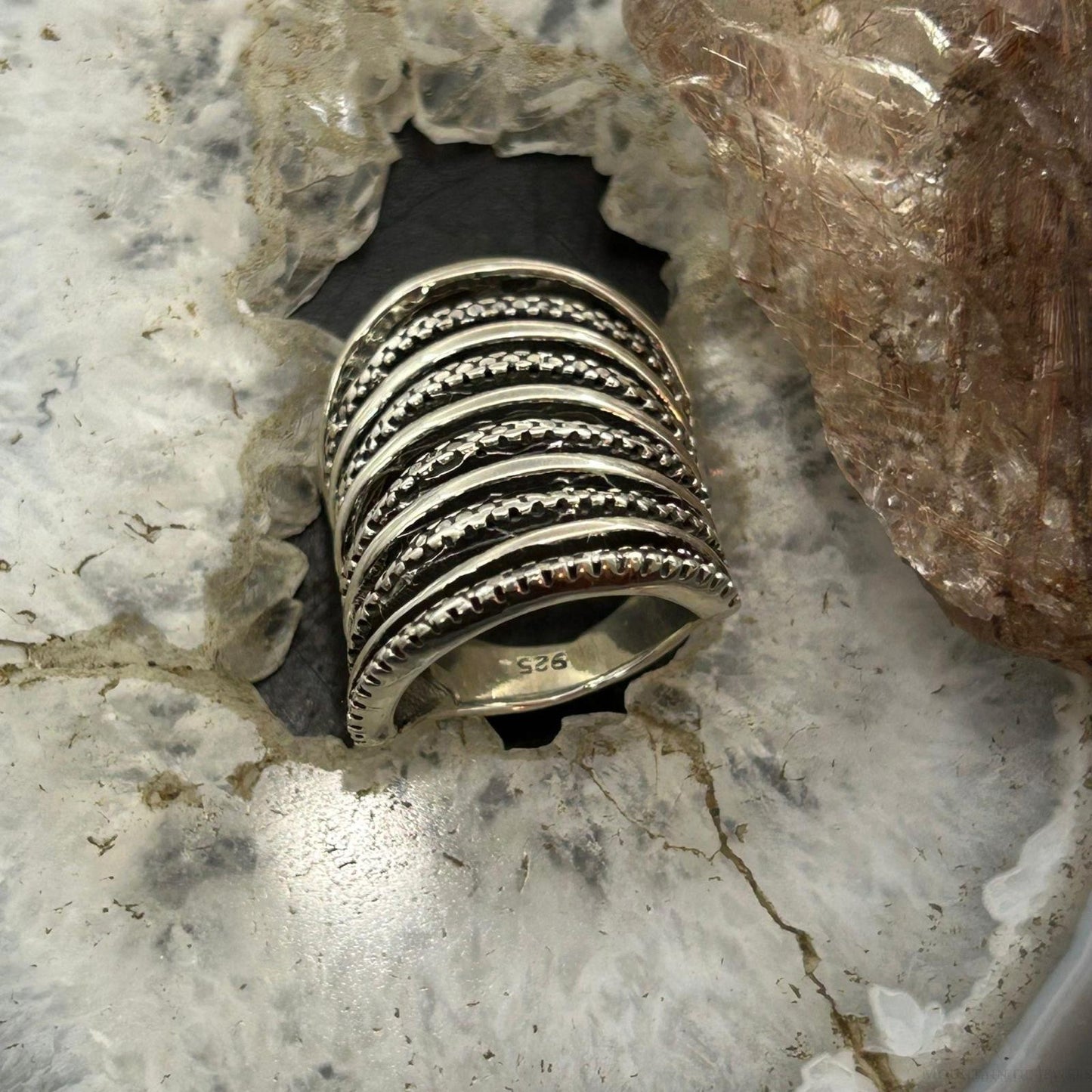 Sterling Silver Stripes Stacked Dome Modern Ring For Women, Taxco Mexico