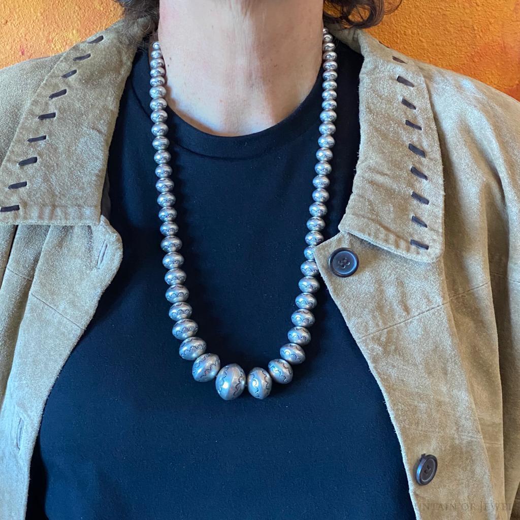 Native American Vintage Graduated Handmade Stamped Navajo Pearl Beads Necklace