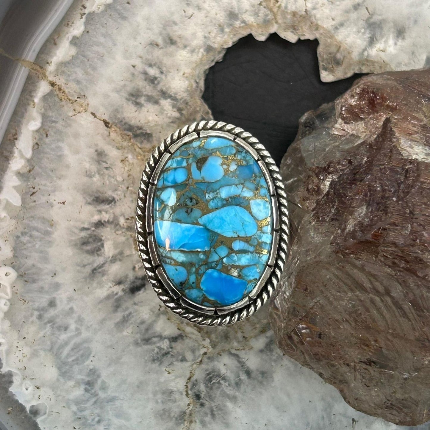 Sterling Silver Southwestern Style Oval Blue Copper Turquoise Ring Size 8.5 For Women