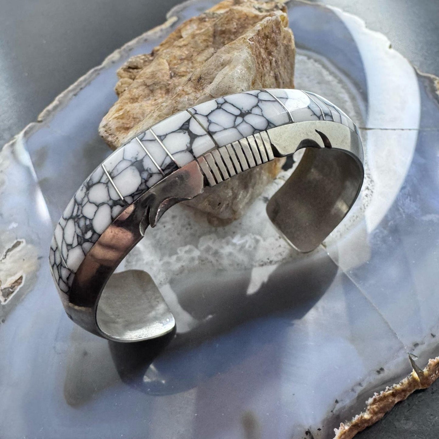 Steve Francisco Native American Sterling Silver White Buffalo Inlay Bracelet For Women