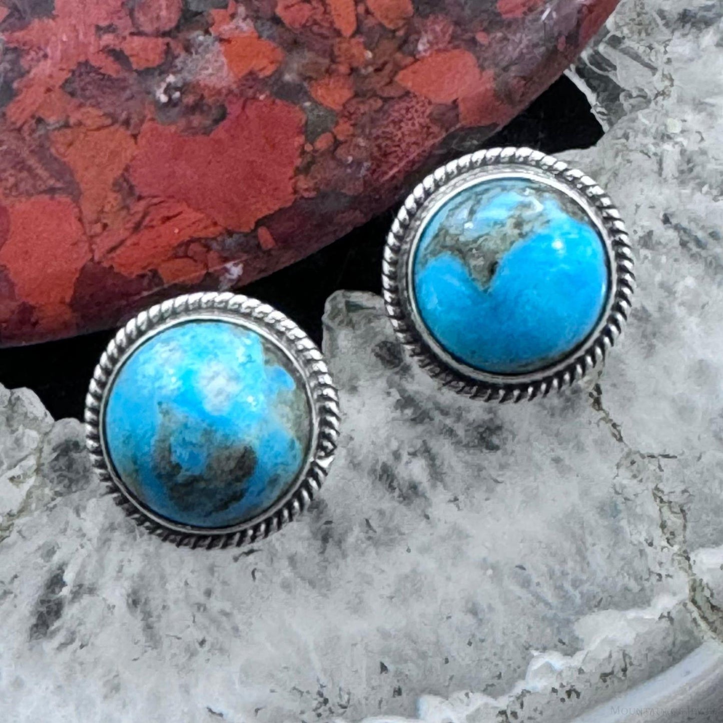 Native American Sterling Silver Rounded Turquoise Stud Earrings For Women