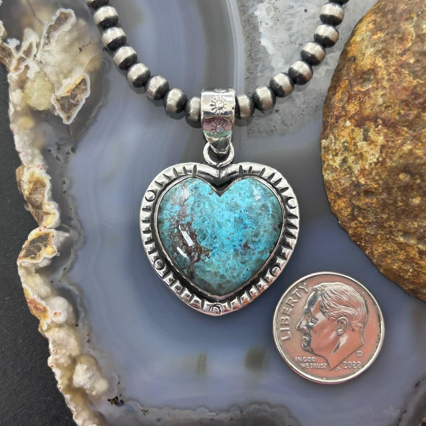 Sterling Silver Southwestern Style Chrysocolla Decorated Heart Pendant For Women