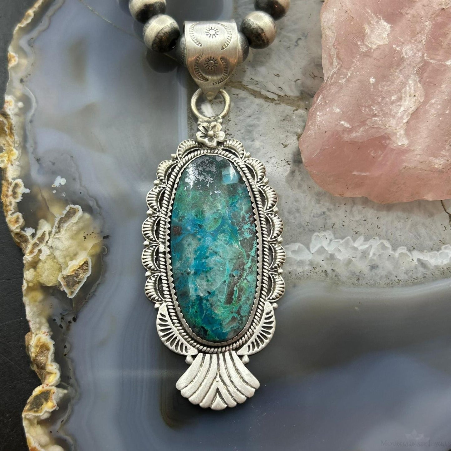 Sterling Silver Southwestern Style Oval Shattuckite Decorated Pendant For Women