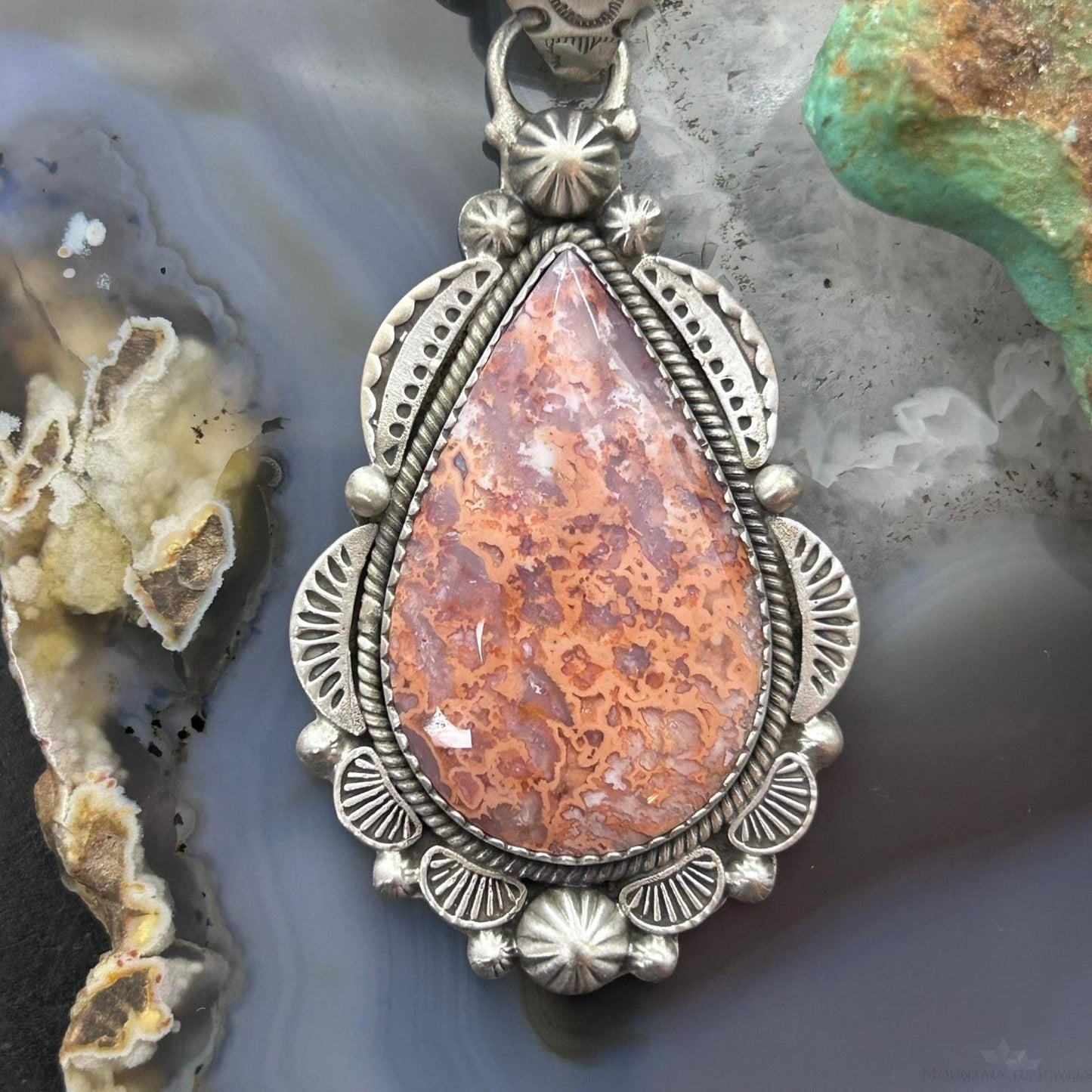 Sterling Silver Southwestern Style Teardrop Red Plum Jasper Decorated Pendant For Women