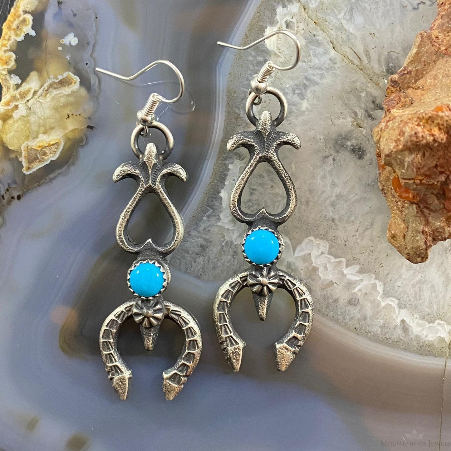 Kevin Billah Native American Sterling Silver Sandcast Turquoise Naja Dangle Earrings #4
