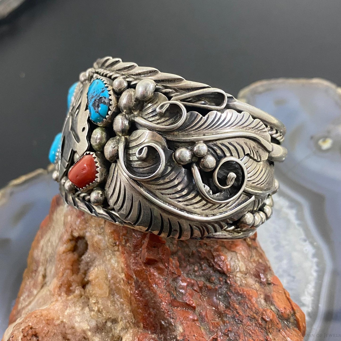 Native American Sterling Silver Turquoise & Coral Leaf Decorated Bracelet For Men