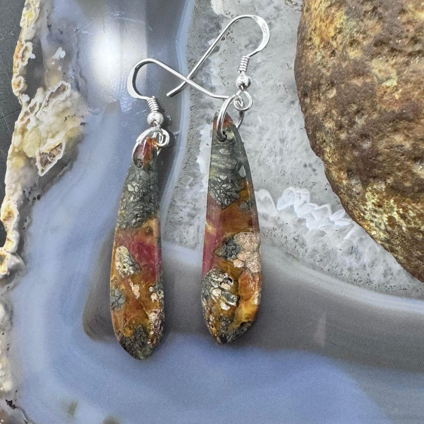 Sterling Silver Elongated Teardrop Red Marcasite Slab Dangle Earrings For Women #219