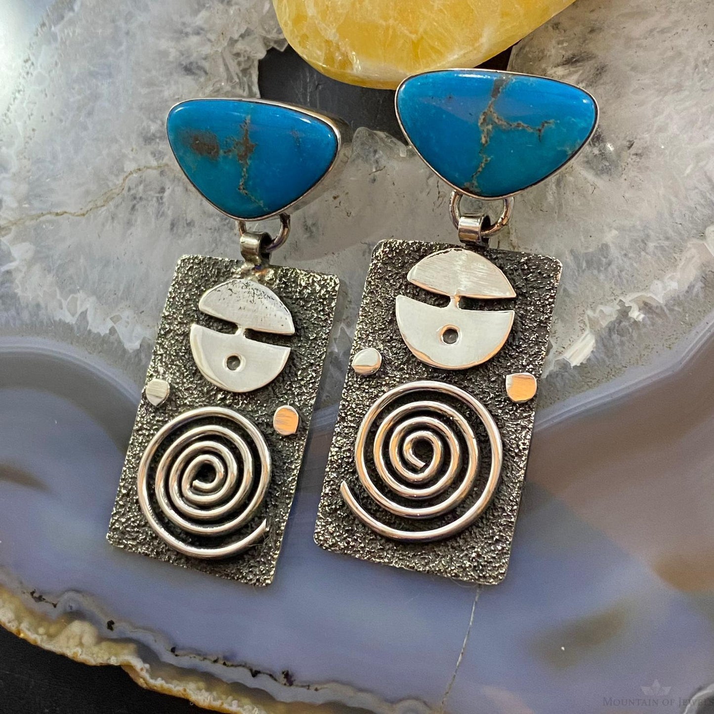 Alex Sanchez Native American Sterling Turquoise Petroglyph Dangle Earrings #2