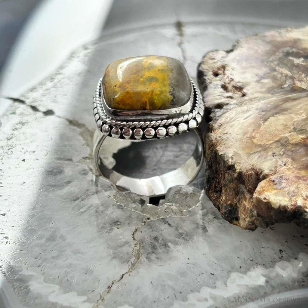 Sterling Silver Southwestern Style Square Yellow Jasper Decorated Ring Size 7.5 For Women
