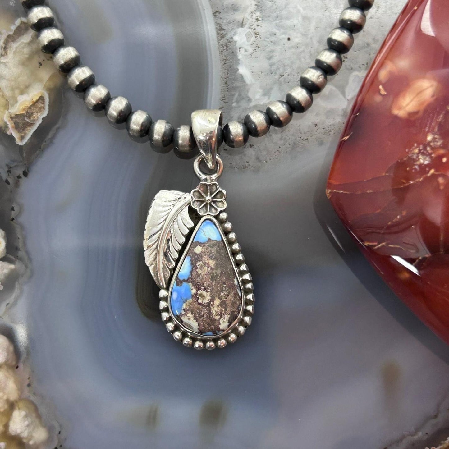 Sterling Silver Southwestern Style Teardrop Golden Hill Turquoise Leaves Pendant For Women