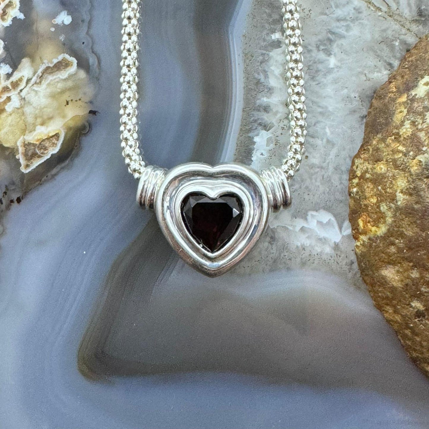 Carolyn Pollack Sterling Silver Faceted Garnet Slide Heart Pendant W/Necklace For Women