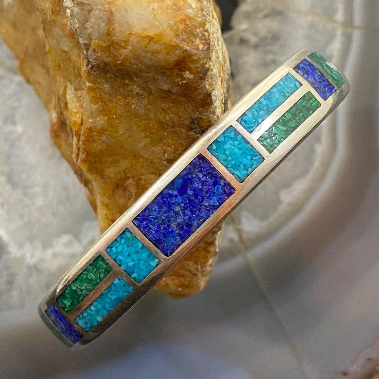 Vintage Sterling Silver Turquoise & Lapis Chip Inlay Fashion Bracelet For Women