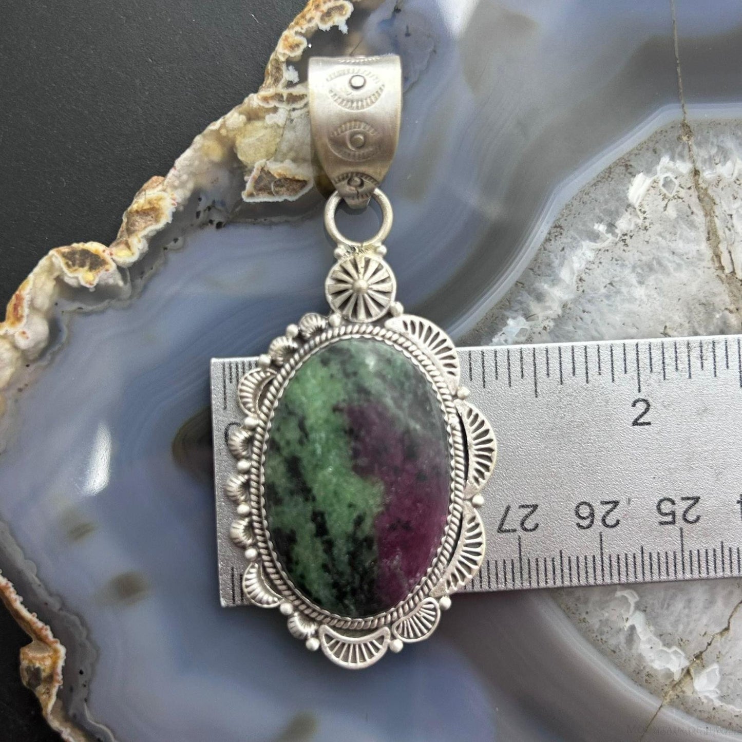 Sterling Silver Southwestern Style Oval Ruby Zoisite Decorated Pendant For Women