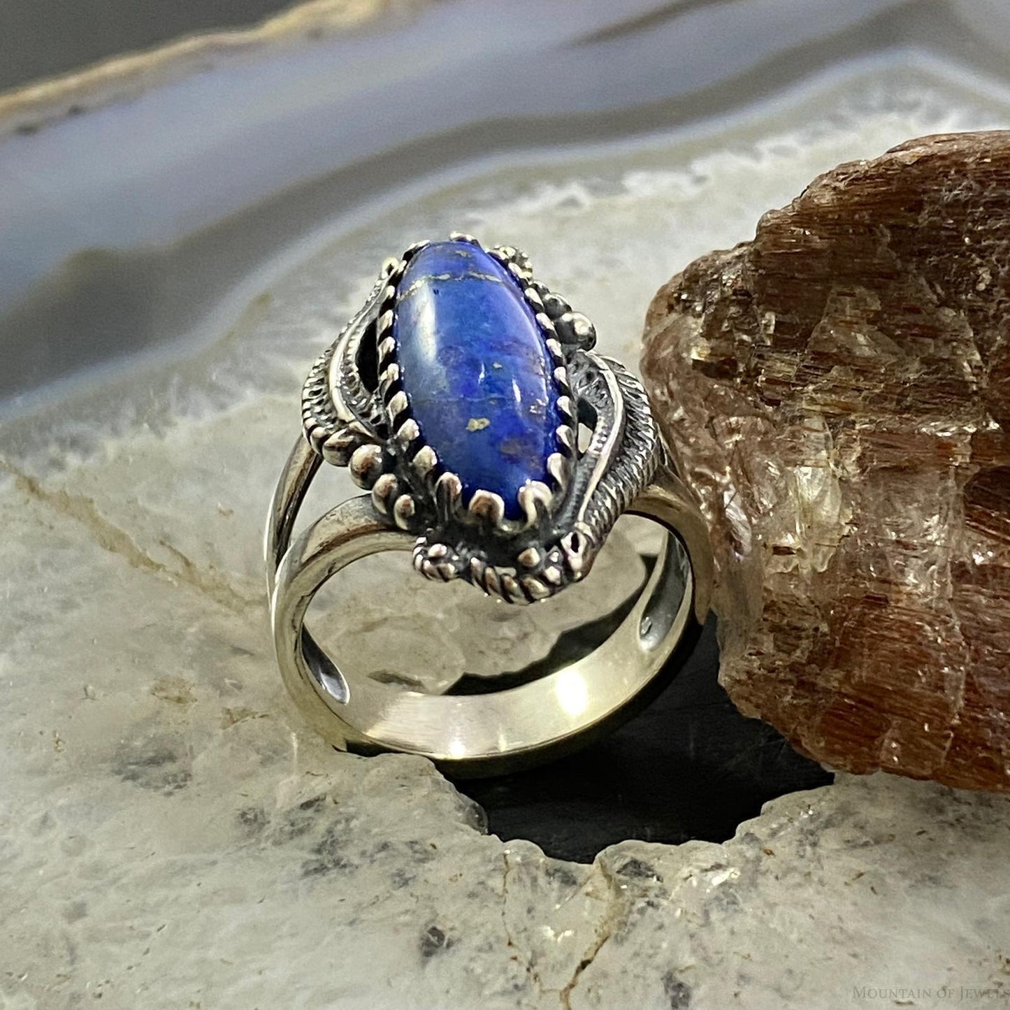 Carolyn Pollack Southwestern Style Sterling Silver Marquise Denim Lapis Decorated Ring For Women, Variety of Sizes