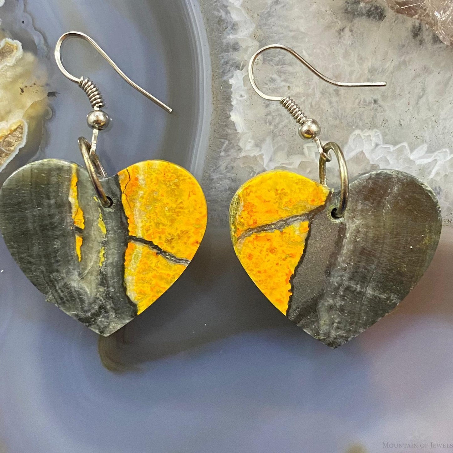 Sterling Silver Heart Shape Bumblebee Jasper Slab Dangle Earrings For Women #1