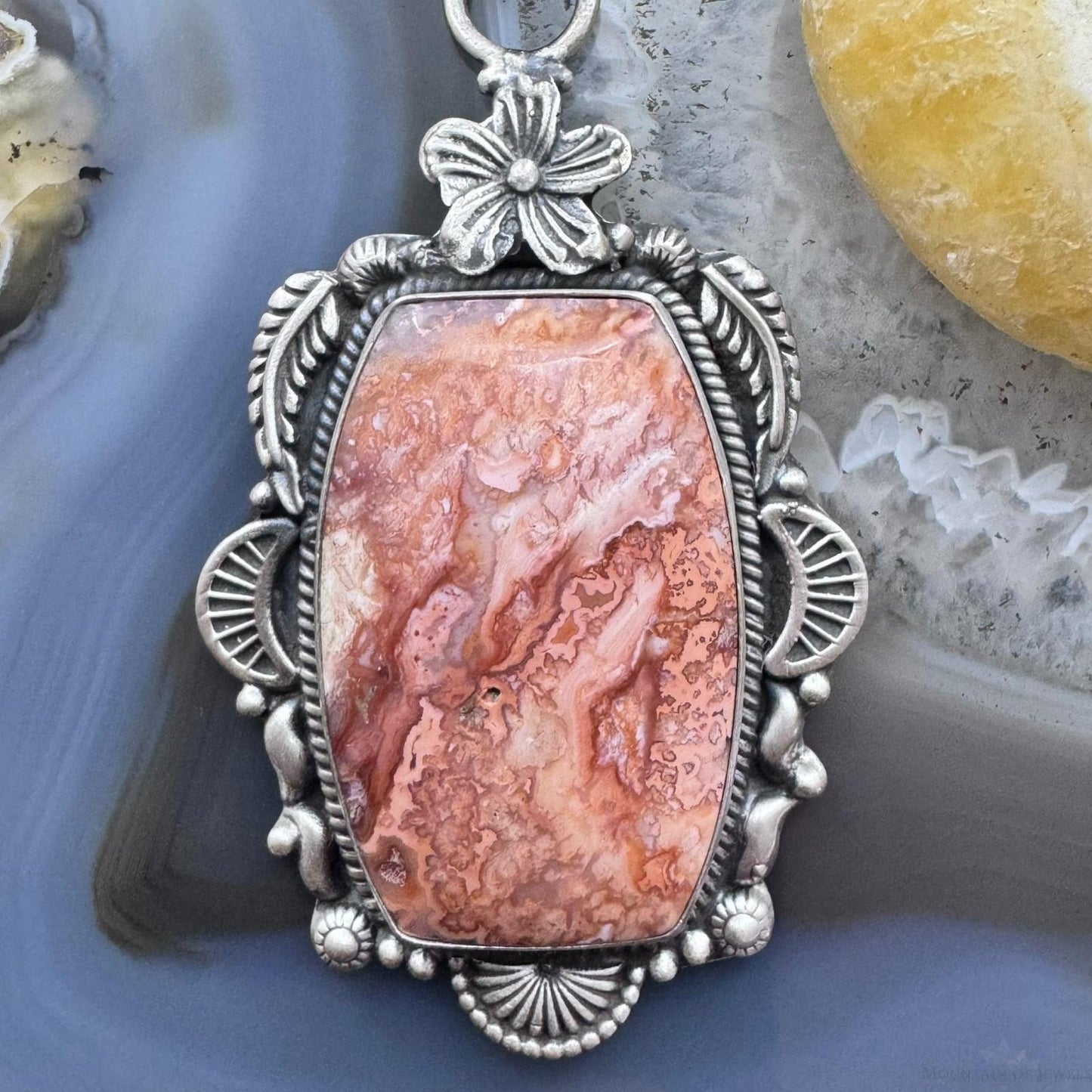 Sterling Silver Southwestern Style Rectangular Red Plum Decorated Pendant For Women