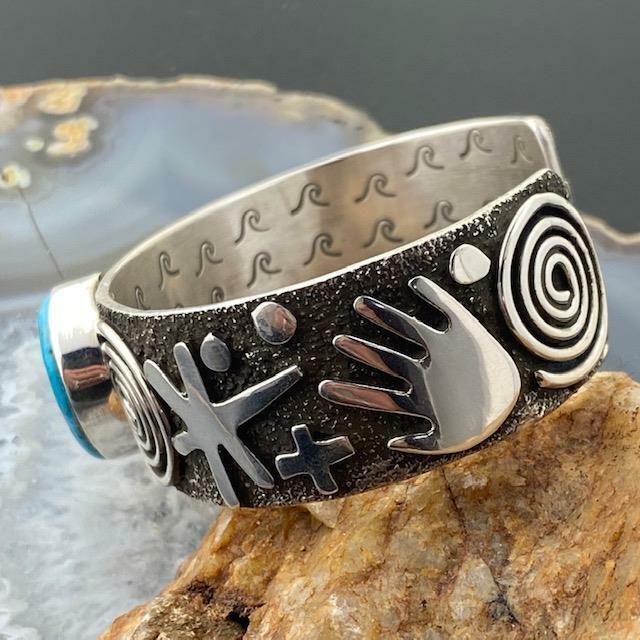 Alex Sanchez Native American Sterling Silver Turquoise and Petroglyph Bracelet For Women