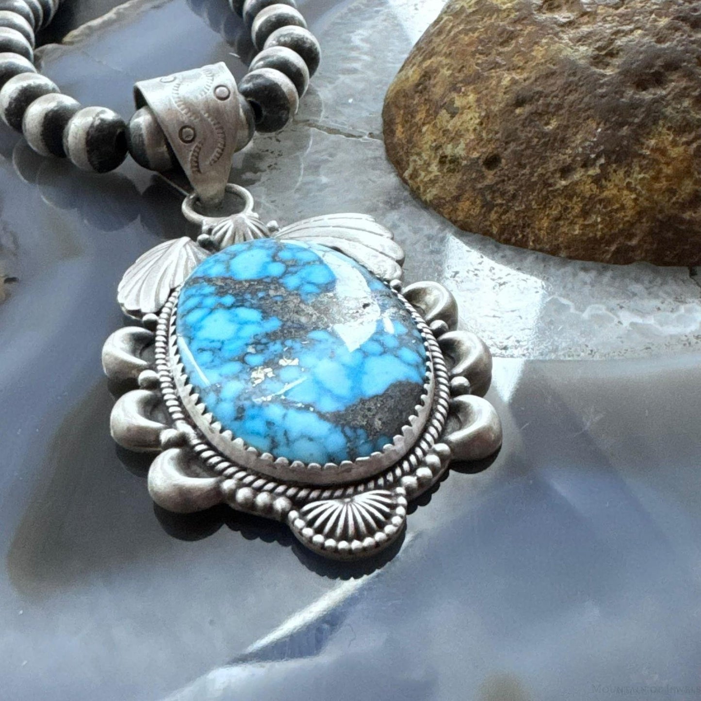 Sterling Silver Southwestern Style Large Oval Kingman Turquoise Pendant For Women