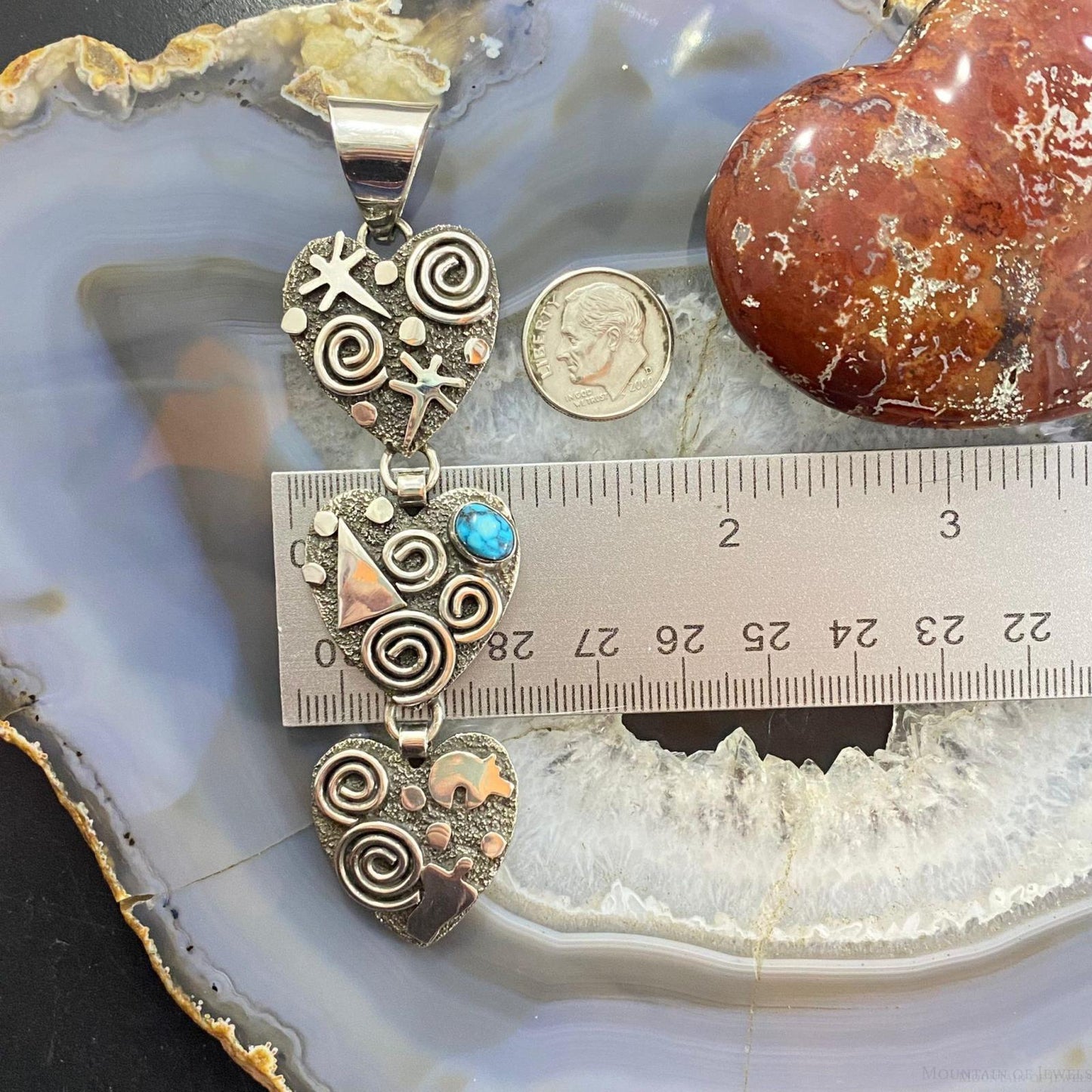 Alex Sanchez Native American Sterling Silver Triple Petroglyph Heart w/Turquoise Pendant For Women