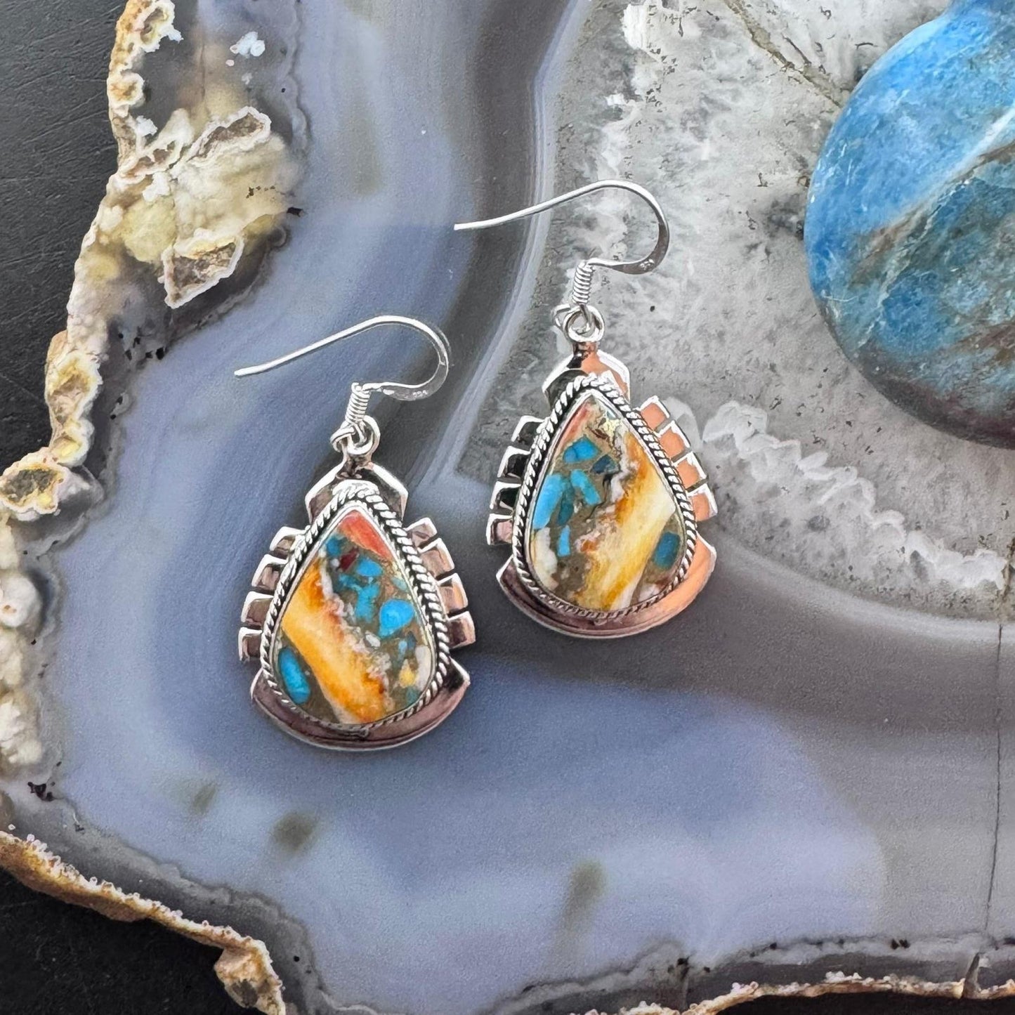 Sterling Silver Southwestern Style Teardrop Spiny & Turquoise Dangle Earrings For Women