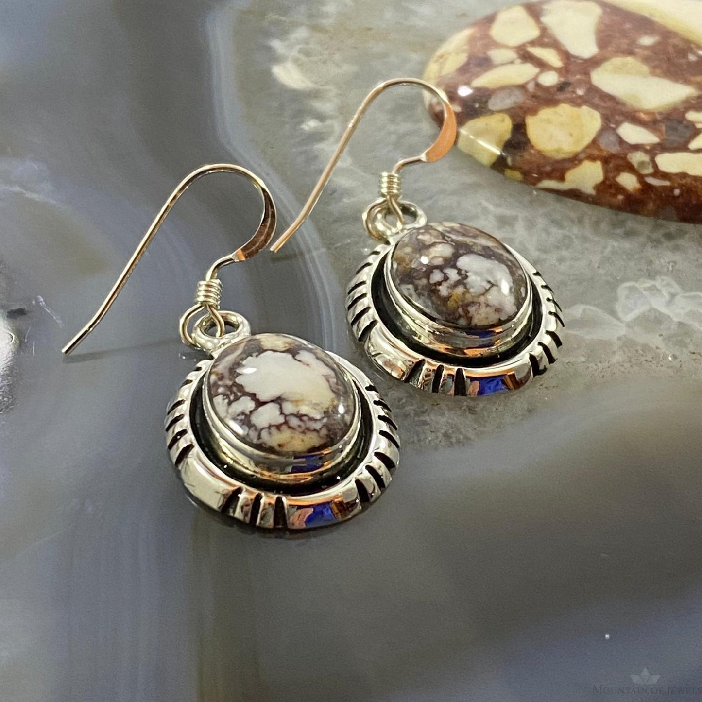 Native American Sterling Silver Oval Wild Horse Dangle Earrings For Women #1
