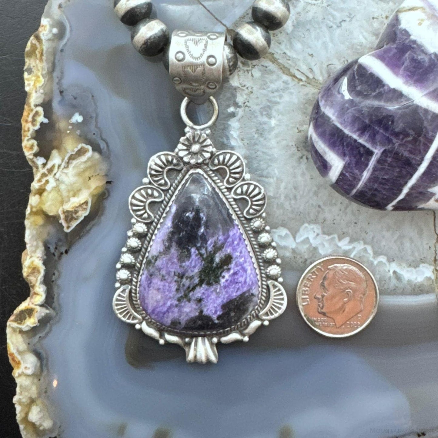 Sterling Silver Southwestern Style Elongated Teardrop Purple Charoite Pendant For Women