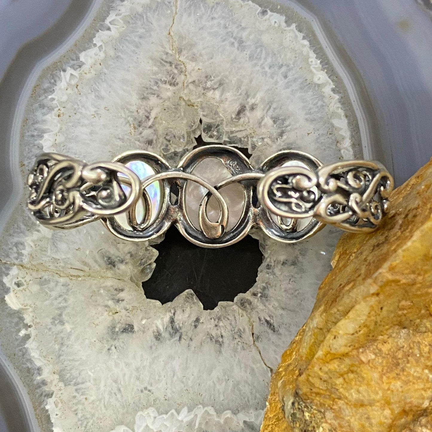 Carolyn Pollack Sterling Silver 3 Oval Faceted Mother of Pearl Doublet Bracelet For Women
