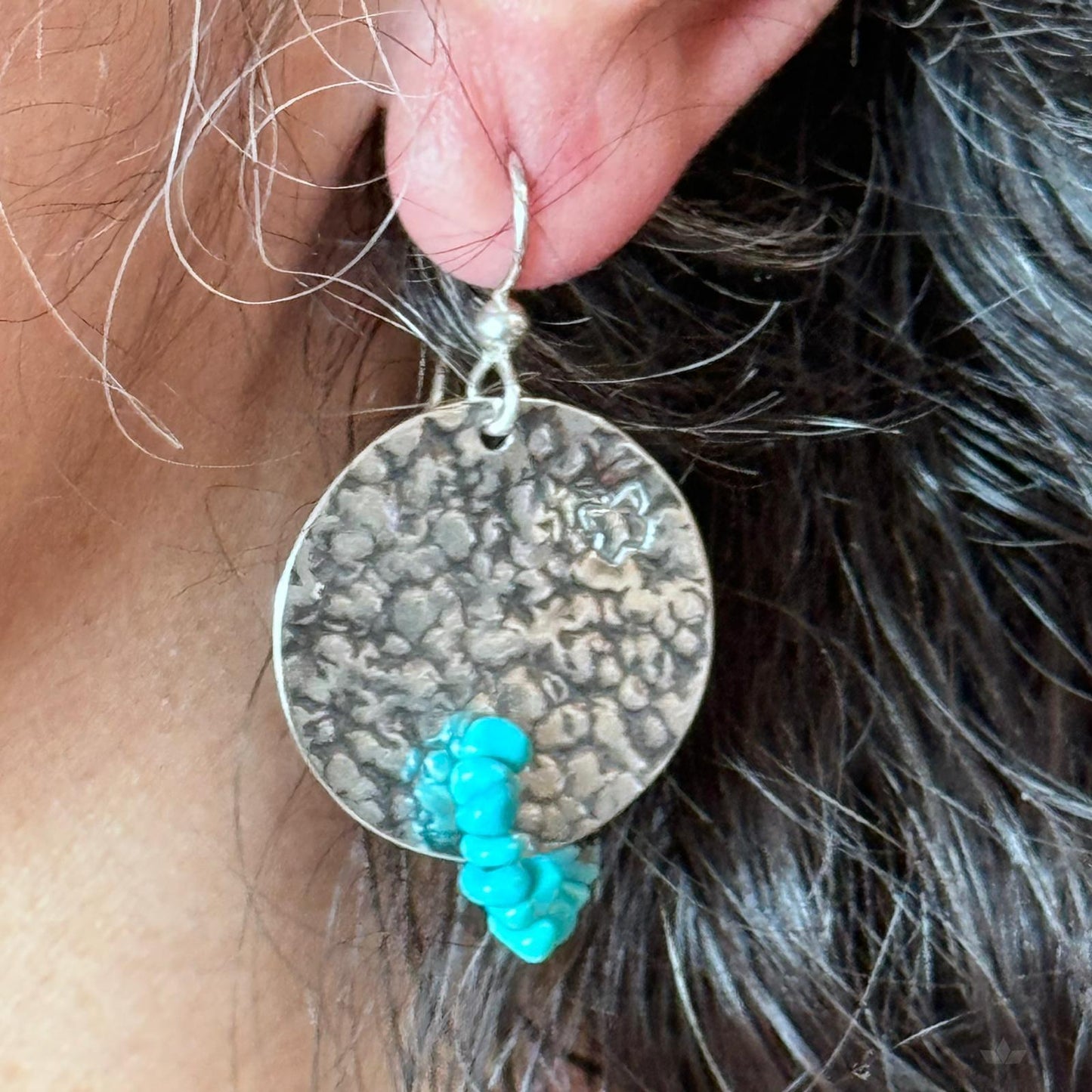 Carolyn Pollack Sterling Silver Hammered Disk With Turquoise Beads Dangle Earrings For Women