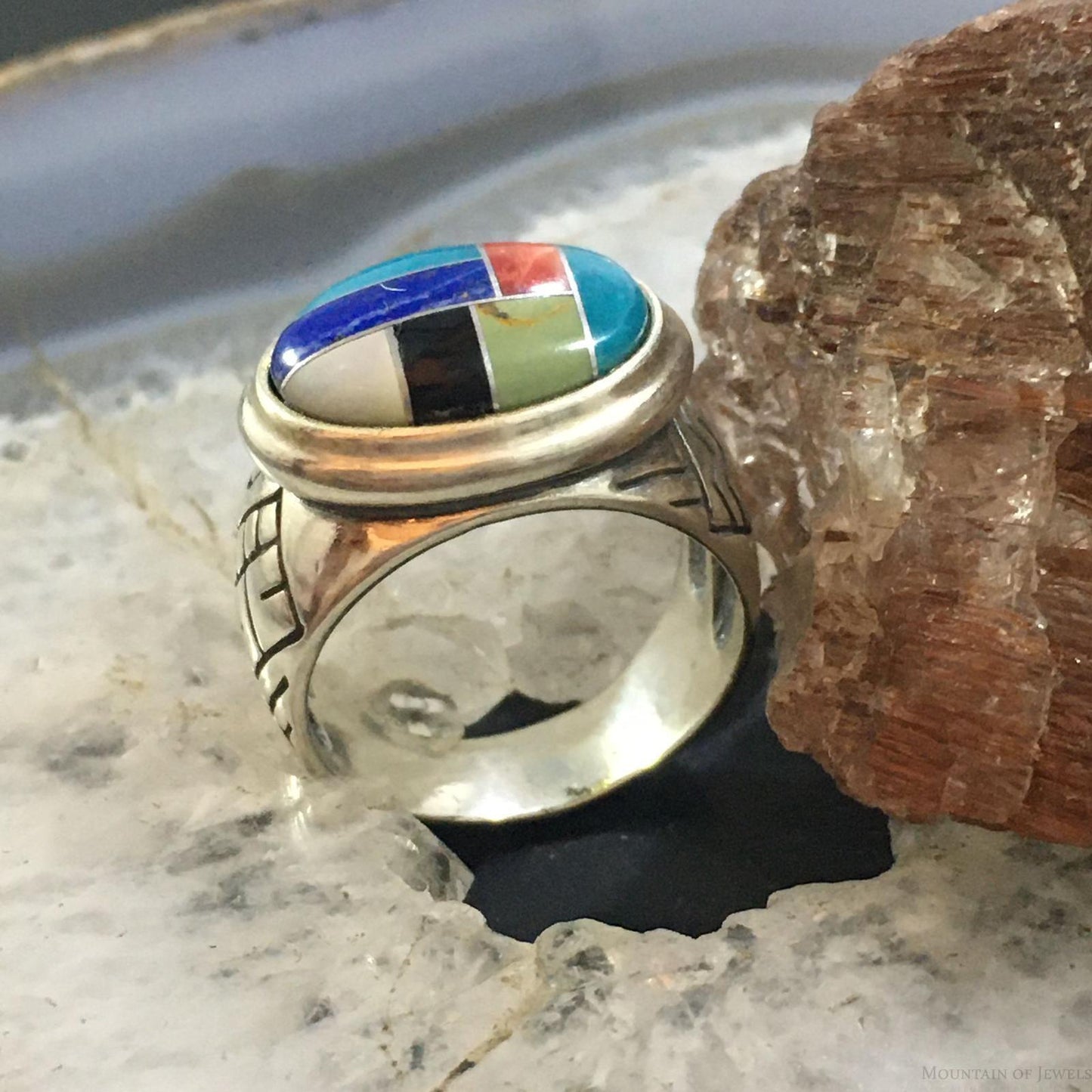 Carolyn Pollack Vintage Sterling Silver Oval Multi-gemstone Inlay Shield Ring For Women